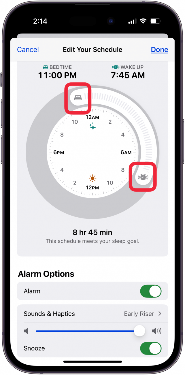 Ajuste los controles deslizantes de la hora de dormir y de despertar