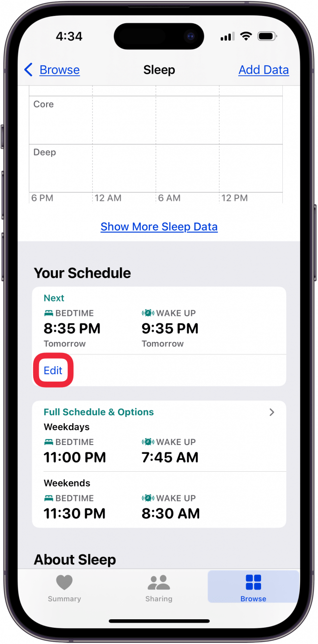 Toque Editar para cambiar la meta del sueño iPhone