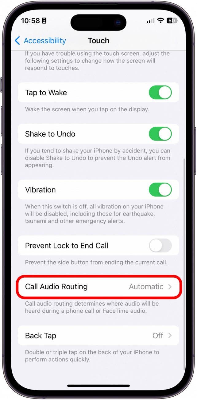 Toque el enrutamiento de audio de llamadas en la configuración del iPhone