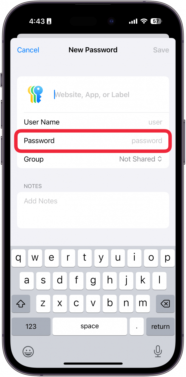 Aplicación de contraseñas de iPhone Pantalla de contraseña nueva con un cuadro rojo alrededor del campo Contraseña