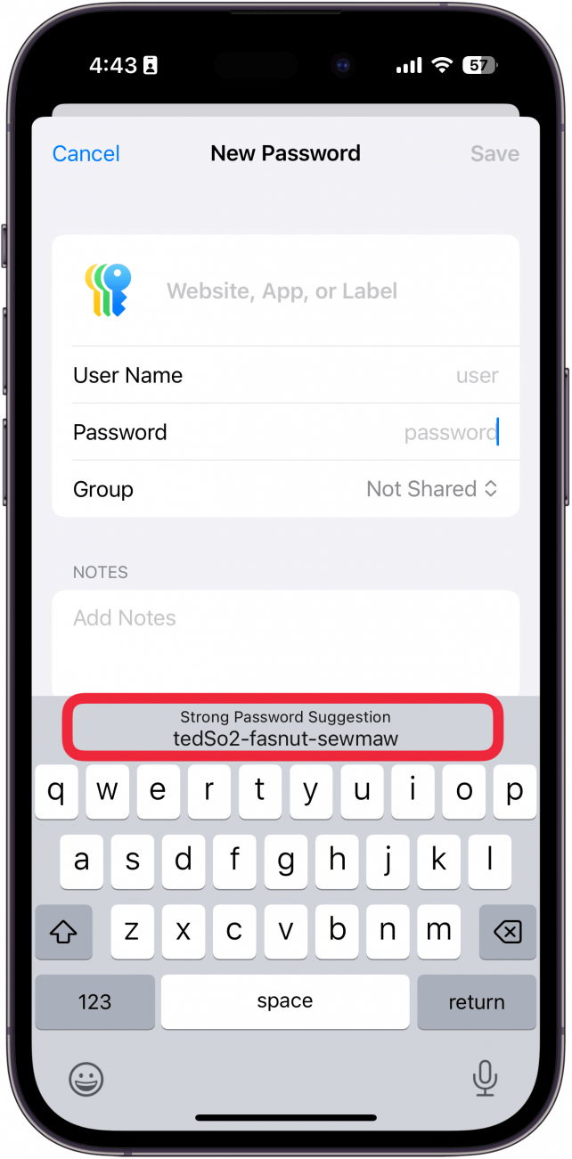 Aplicación de contraseñas de iPhone NUEVA Pantalla de contraseña con un cuadro rojo alrededor de una contraseña sugerida