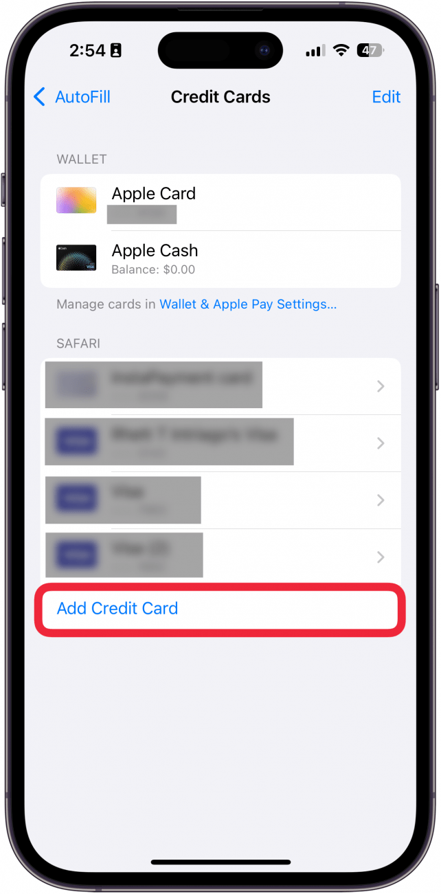 Configuración de Autocomisos de iPhone con una caja roja alrededor de agregar nueva tarjeta de crédito