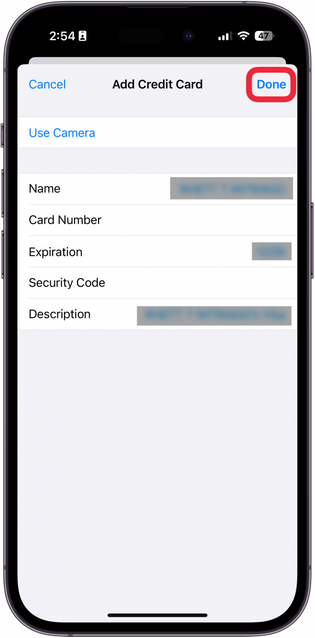 Configuración de Autocomolores de iPhone Agregue la pantalla de la tarjeta nueva con un botón Red Box alrededor