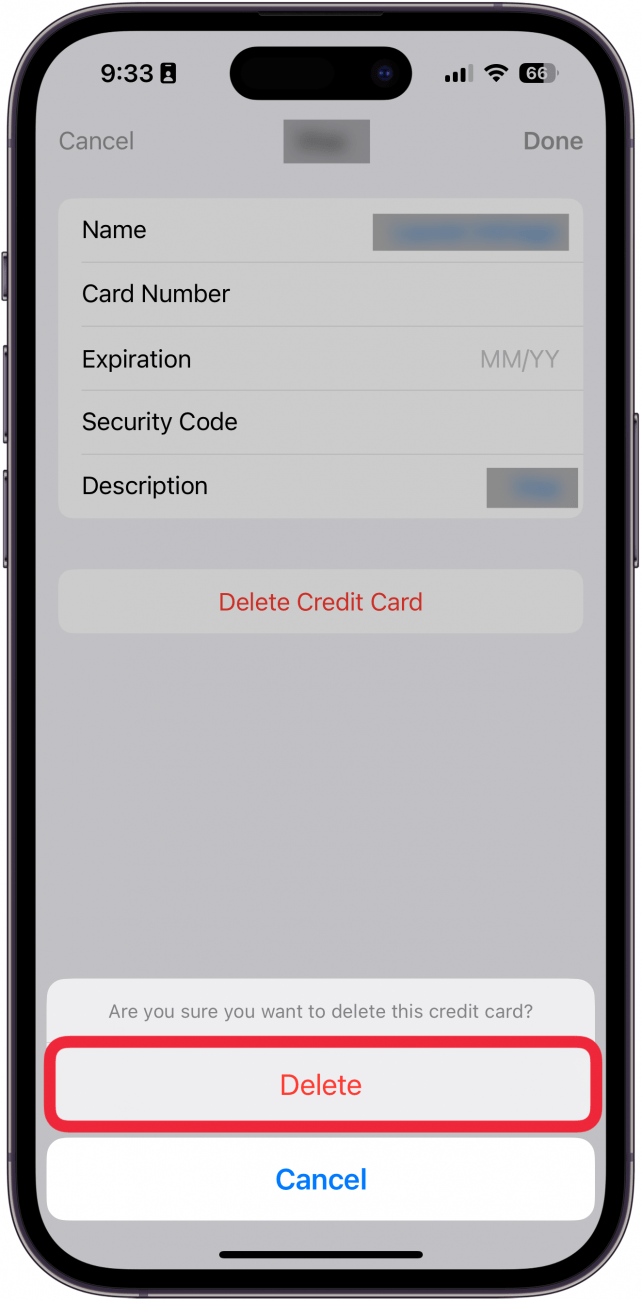 Configuración de Autocomisos de iPhone que muestra información de la tarjeta con un cuadro rojo alrededor del botón Eliminar