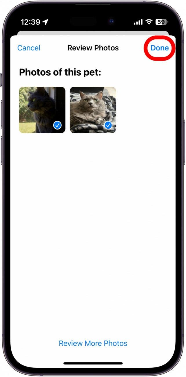 Menú de fotos de revisión del iPhone con botón hecho en rodajas en rojo