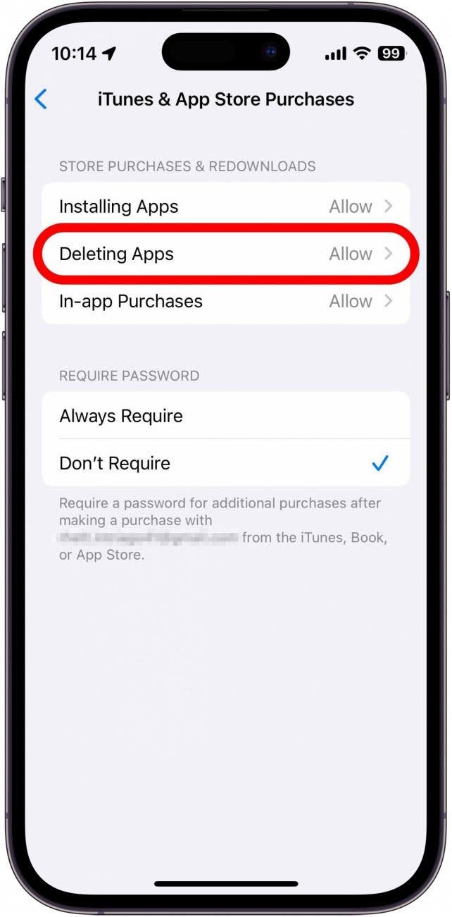 iTunes y la tienda de aplicaciones compra configuraciones con aplicaciones Eliminar en rojo rodeado