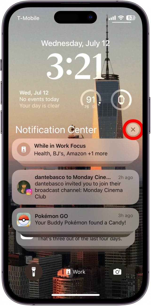 Centro de notificaciones de iPhone con icono X rodeado en rojo