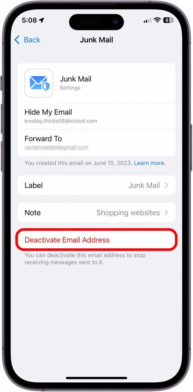 Toque la dirección de correo electrónico desactivada.