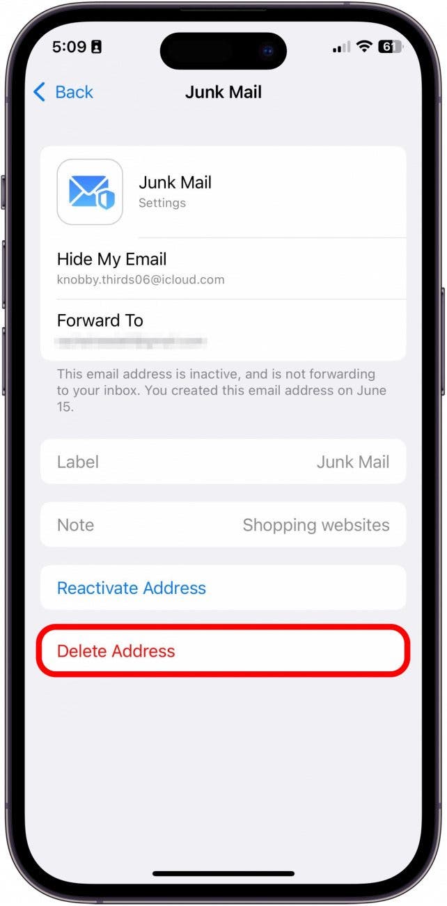 Toque la dirección Eliminar o, si desea volver a usar esta dirección, puede tocar la dirección de reactivación.