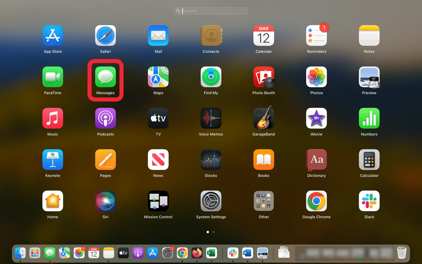 Lista de aplicaciones de Mac con un cuadro rojo alrededor de la aplicación Mensajes