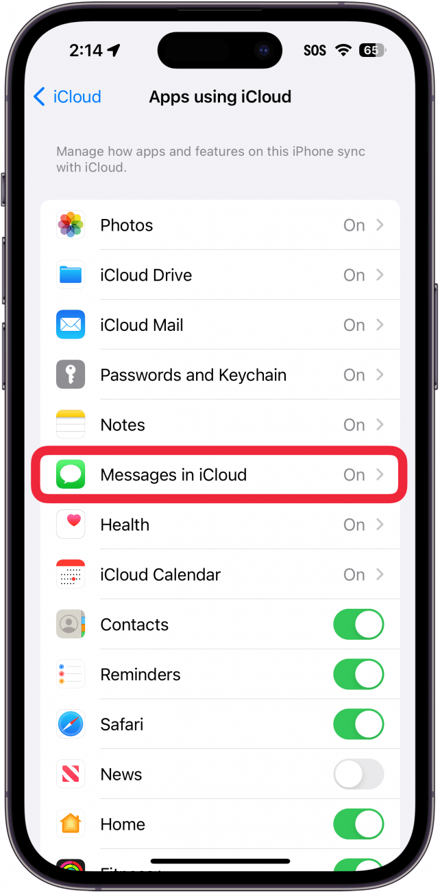 Configuración de la aplicación iPhone iCloud con un cuadro rojo alrededor de los mensajes en iCloud