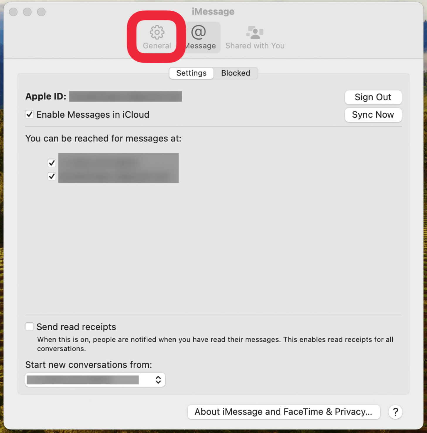 Configuración de Mac iMessage con un cuadro rojo alrededor de la pestaña General