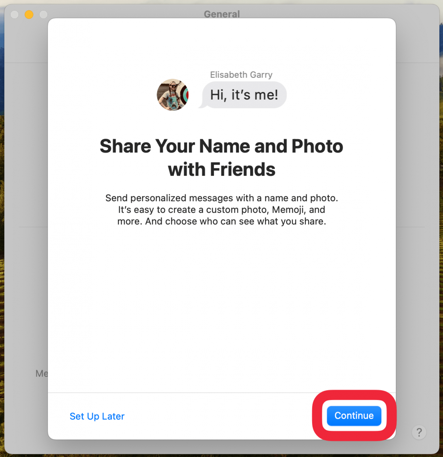 Nombre de mensajes de Mac y pantalla de configuración de intercambio de fotos con un cuadro rojo alrededor del botón Continuar