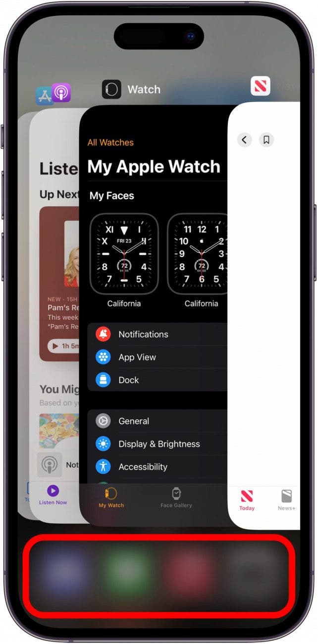 El conmutador de aplicaciones de iPhone con una caja roja que indica tocar fuera del conmutador de aplicaciones