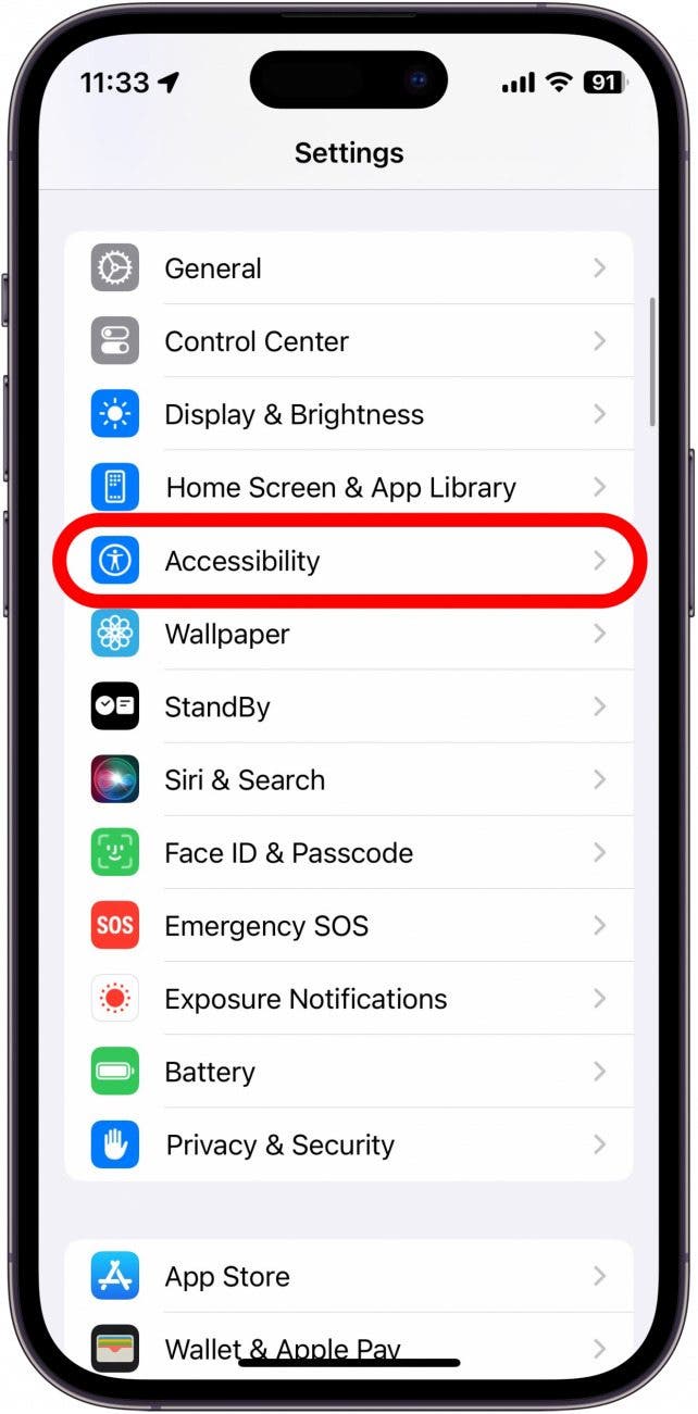 Captura de pantalla de configuración de iPhone con accesibilidad en rodajas en rojo