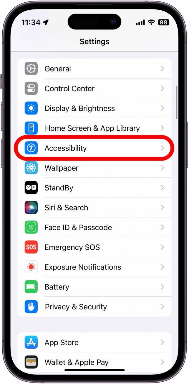 Captura de pantalla de la configuración del iPhone con accesibilidad en rodajas en rojo