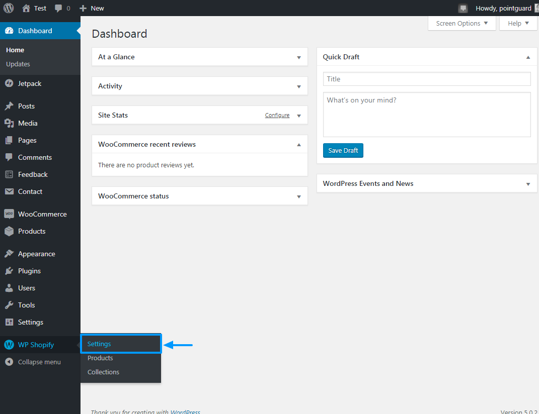 menu des paramètres de wp shopify