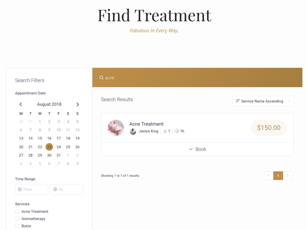 Examen du plugin de réservation Amelia : interface de réservation avec outils de recherche