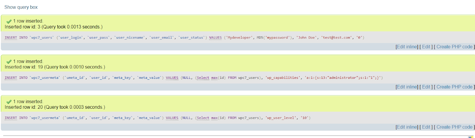 SQL Créer un nouvel utilisateur Admin Résultats