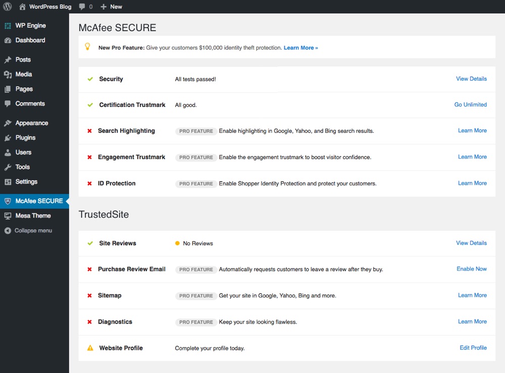 Tableau de bord gratuit McAfee SECURE
