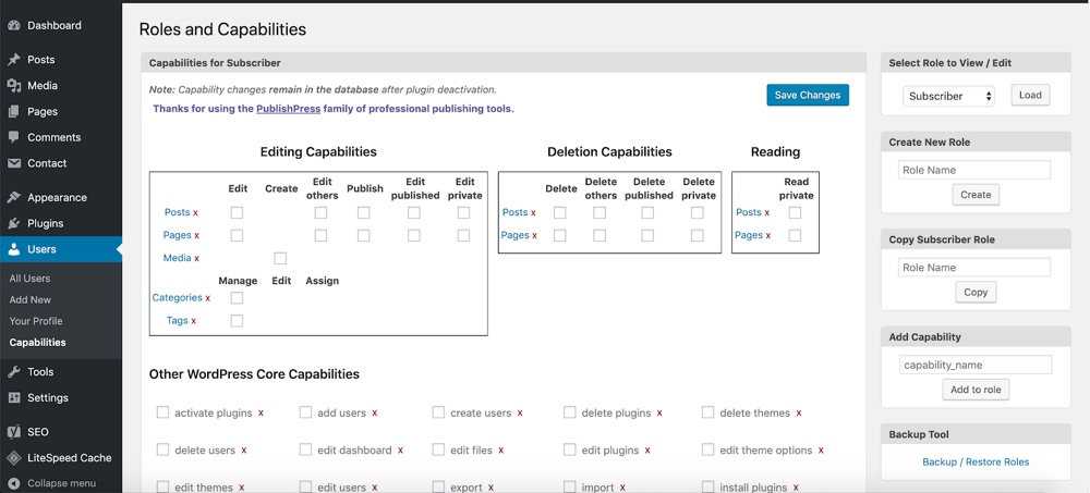 Panneau des options avancées de Capability Manager