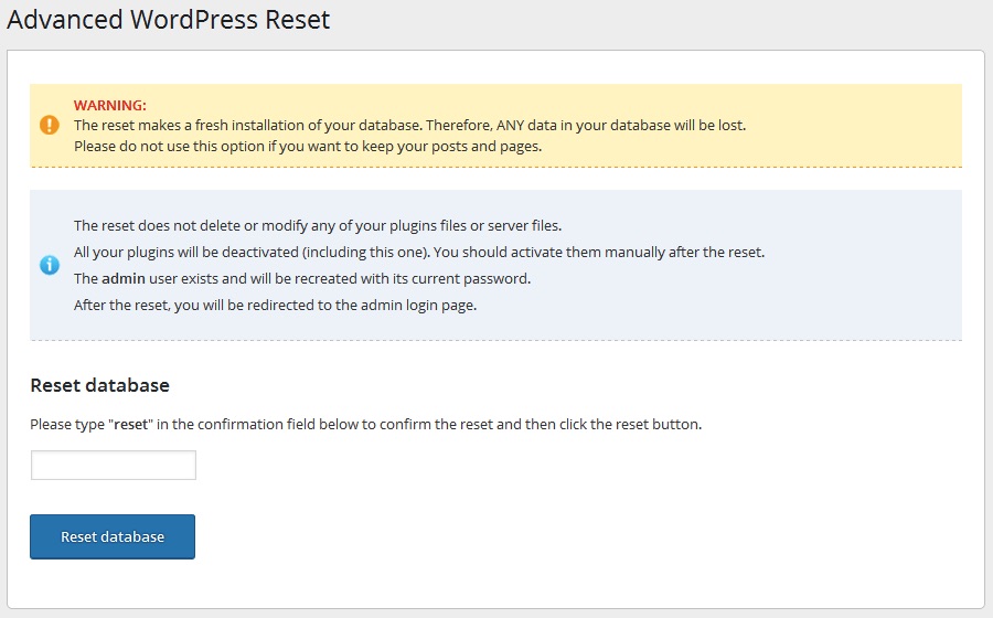 Options avancées de réinitialisation de WordPress