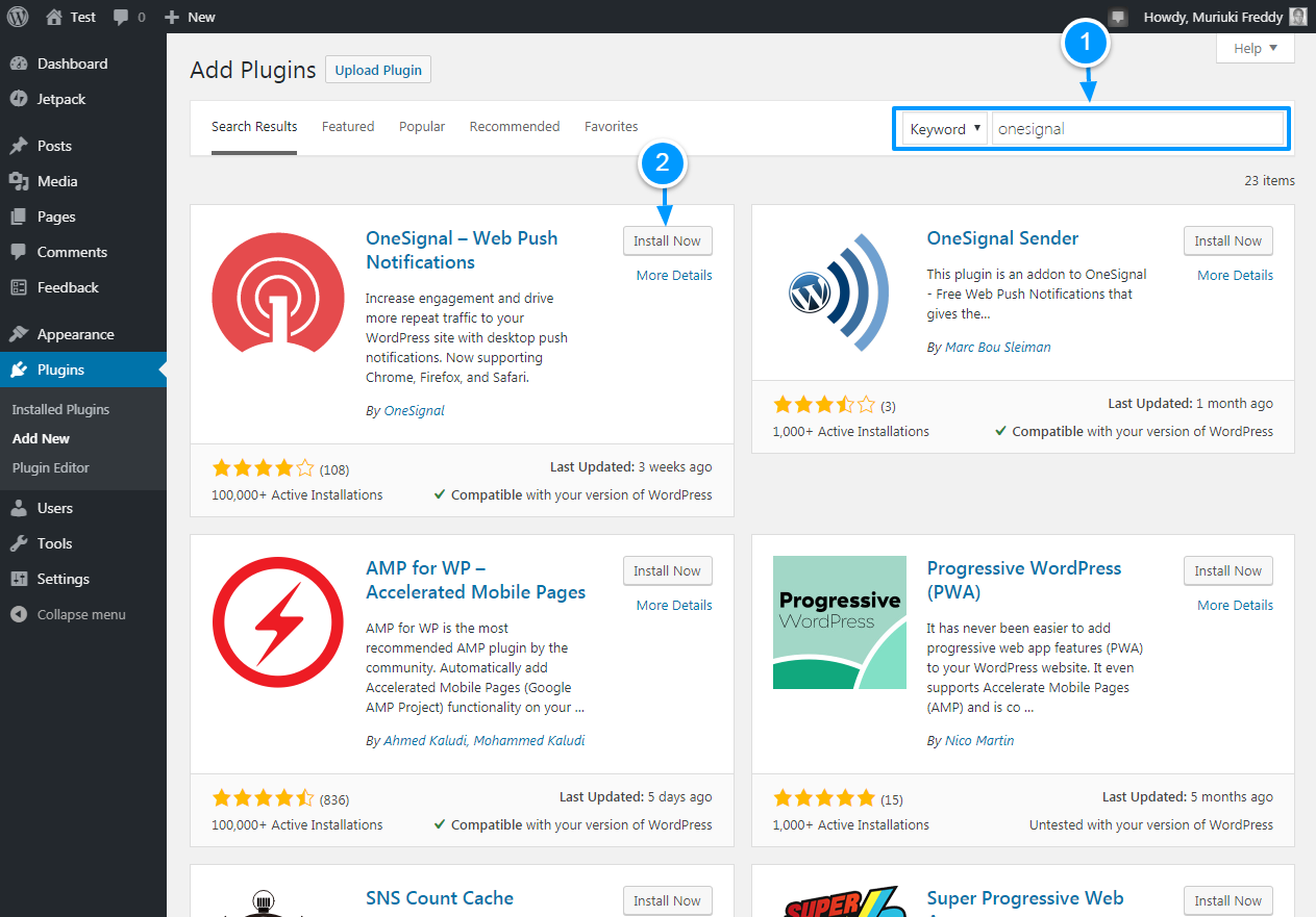 installer le plugin wordpress onesignal