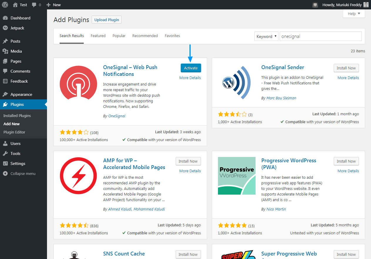activer le plugin wordpress onesignal