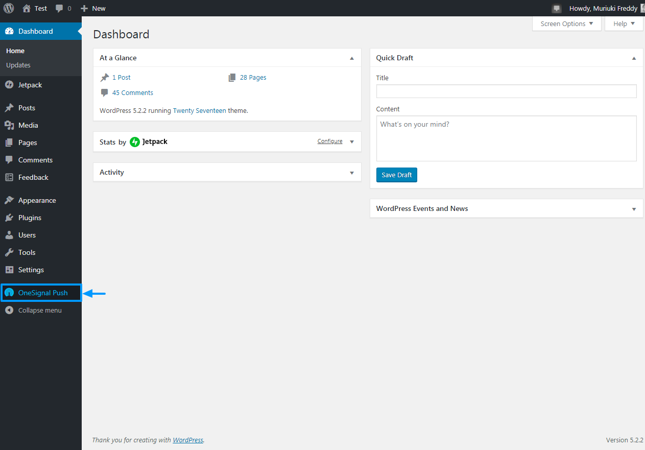 élément de menu wordpress notifications push onesignal