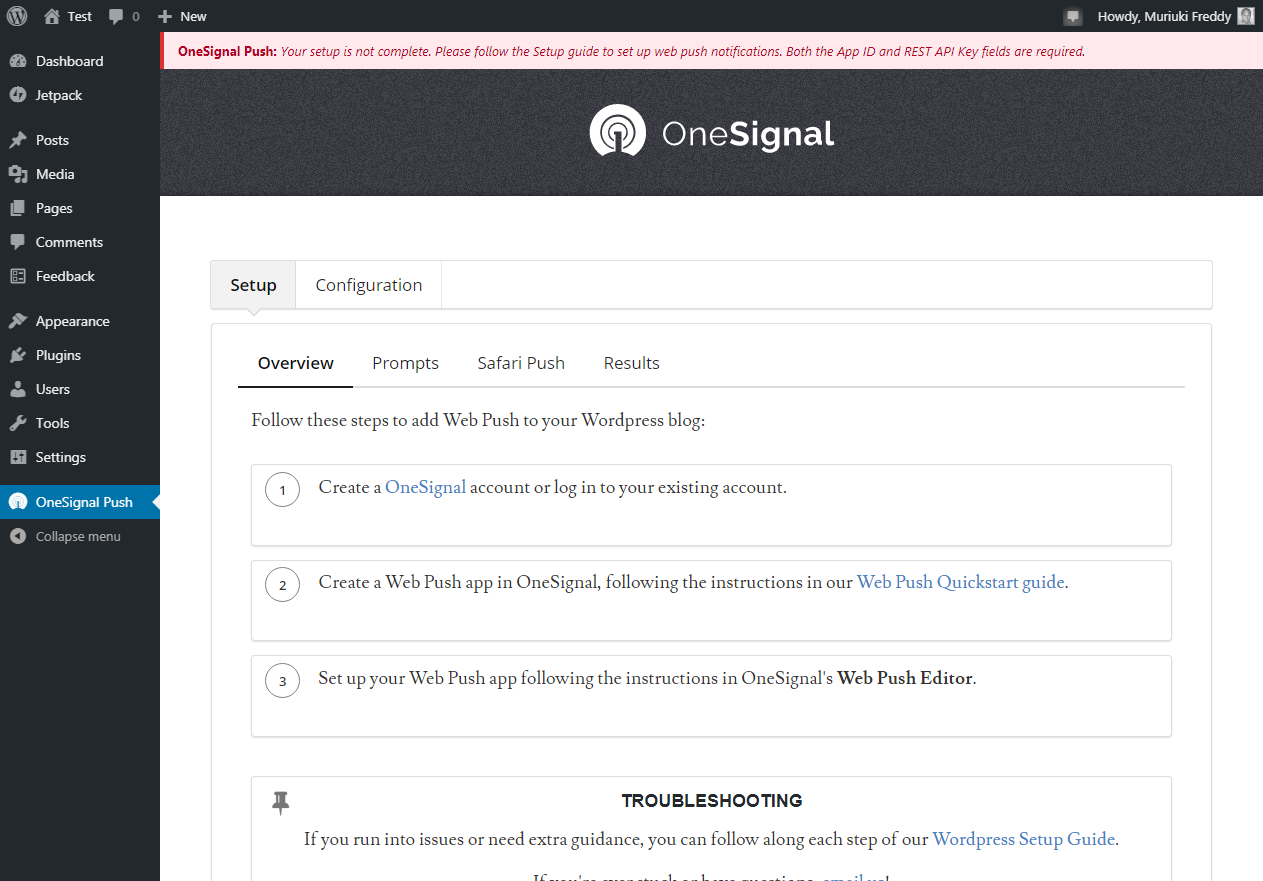 page des paramètres onesignal dans wordpress admin