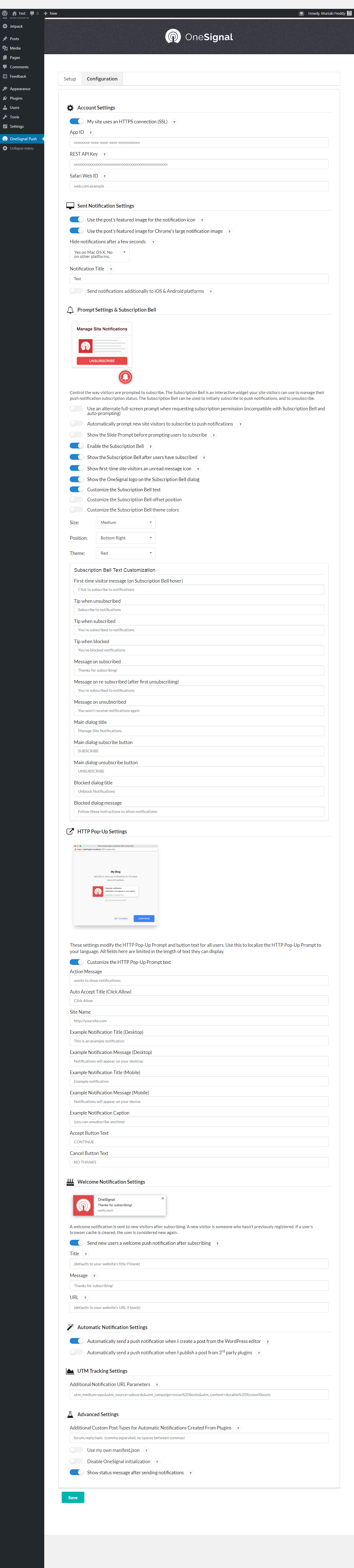 page de configuration du plugin wordpress des notifications push onesignal