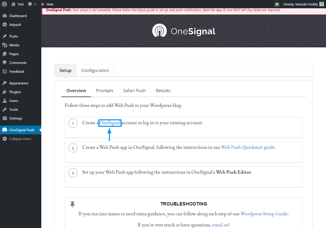 lien de création de compte onesignal dans wordpress