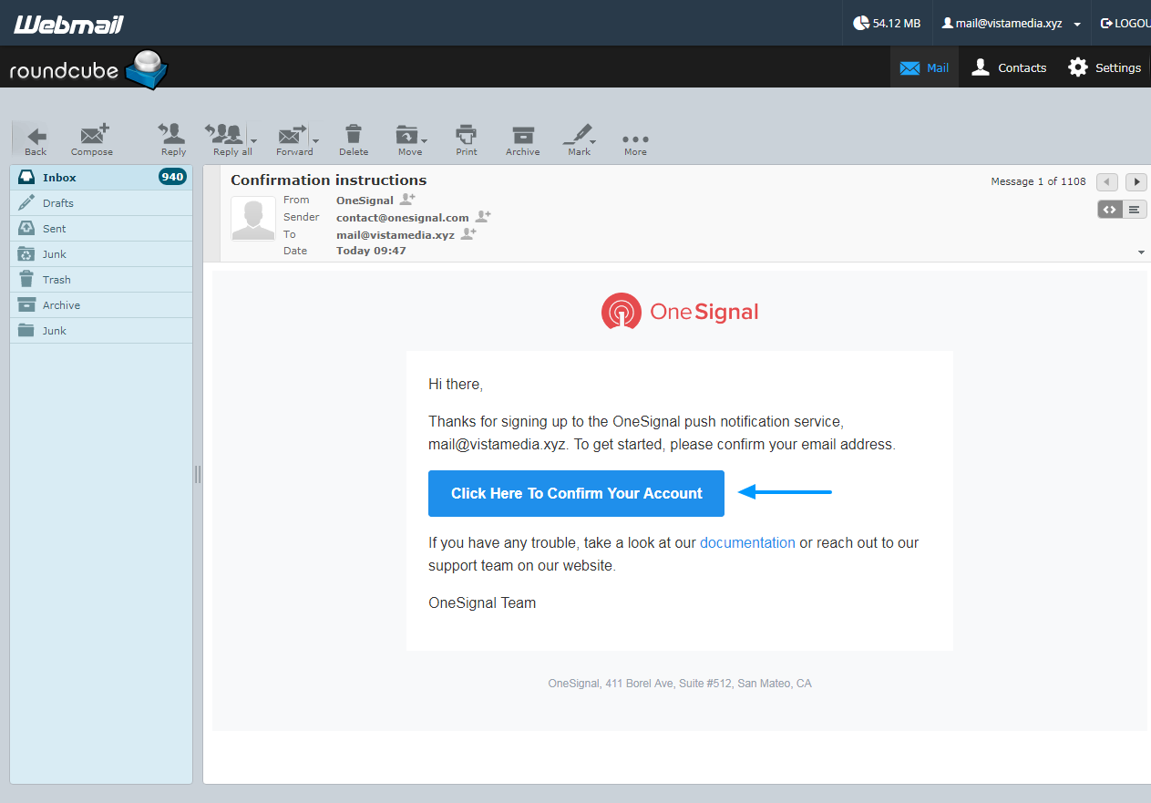 e-mail d'activation du compte onesignal