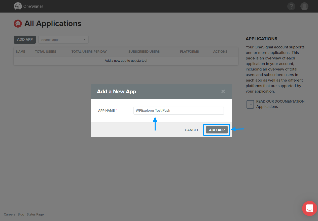 nommer l'application web push onesignal