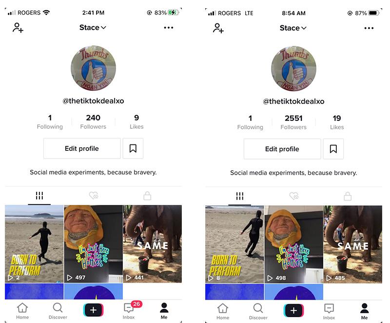 Compte TikTok de l'auteur avant et apr&egrave;s l'achat d'abonn&eacute;s TikTok