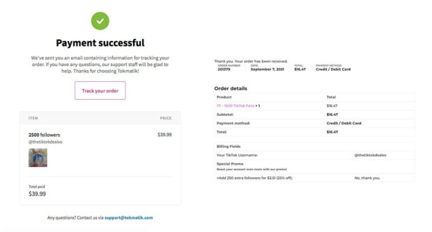 confirmation de paiement pour "acheter des abonn&eacute;s tiktok" sur deux sites diff&eacute;rents