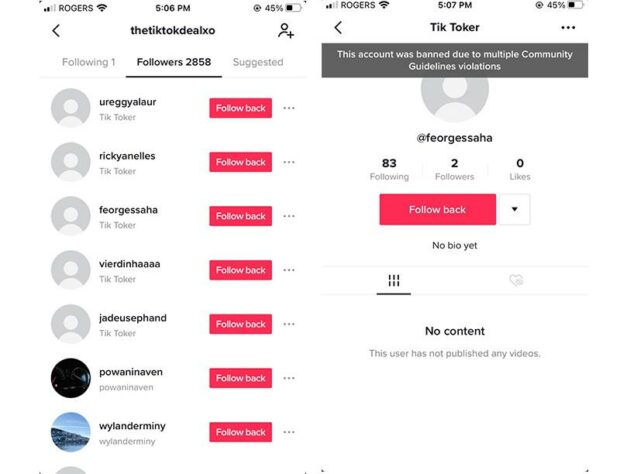 faux compte TikTok appel&eacute; "Tik Toker" sans photo de profil