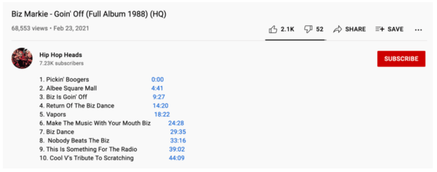 Horodatage des vidéos YouTube de Hip Hop Heads