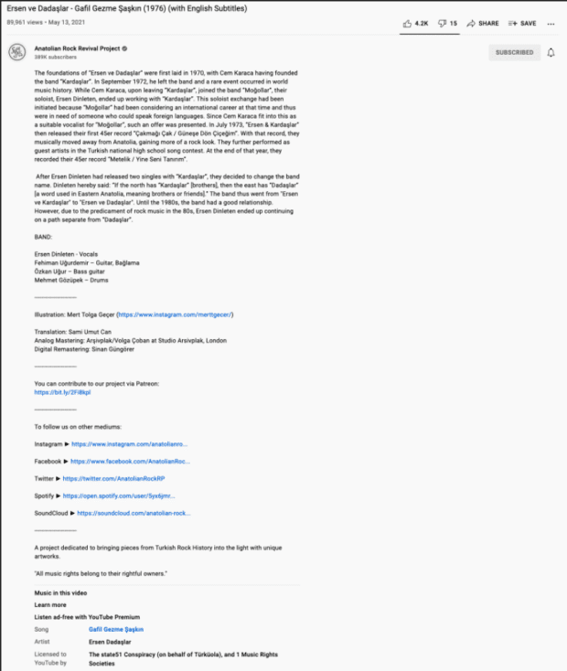 Description de la vidéo Anatolian Rock Project et métadonnées musicales