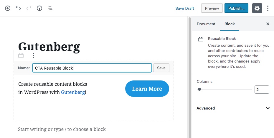 Blocs de contenu réutilisables Gutenberg Étape 2