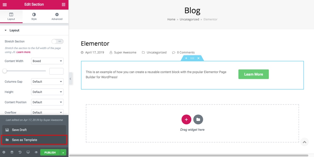 Blocs de contenu réutilisables Elementor Étape 1