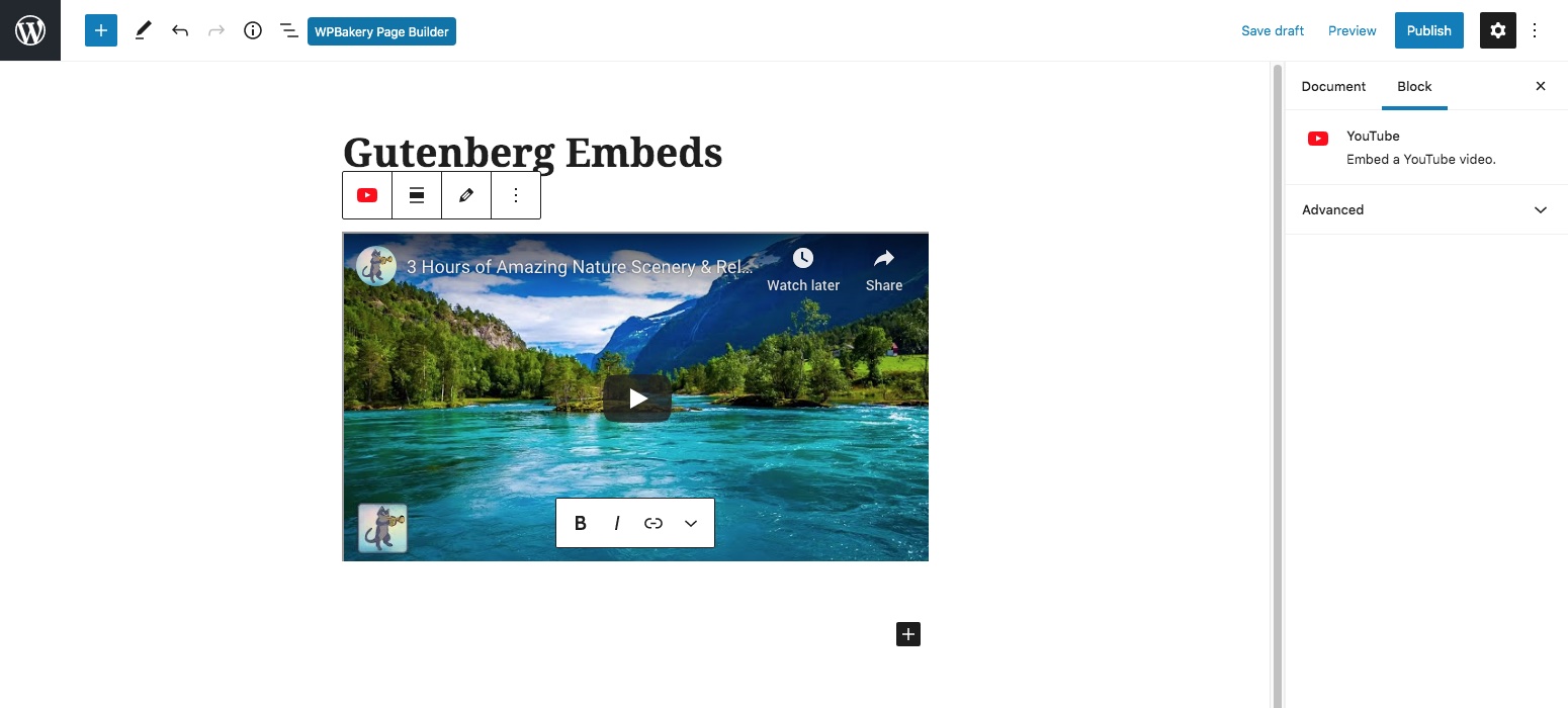 Affichage WordPress oEmbed Gutenberg