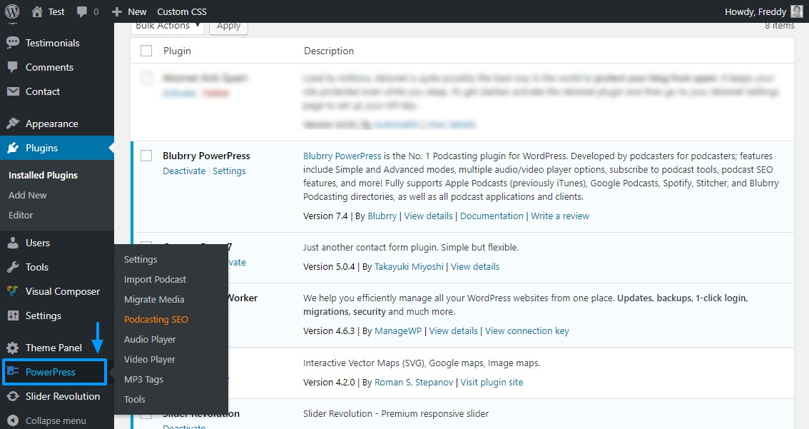 plug-in de podcasting powerpress dans le menu d'administration de wordpress