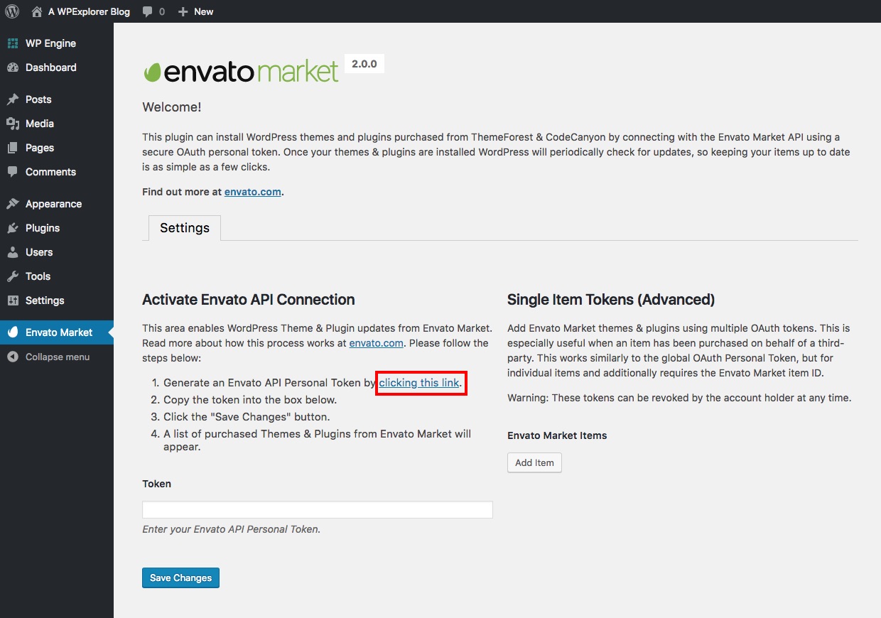 Paramètres principaux du plug-in Envato Market