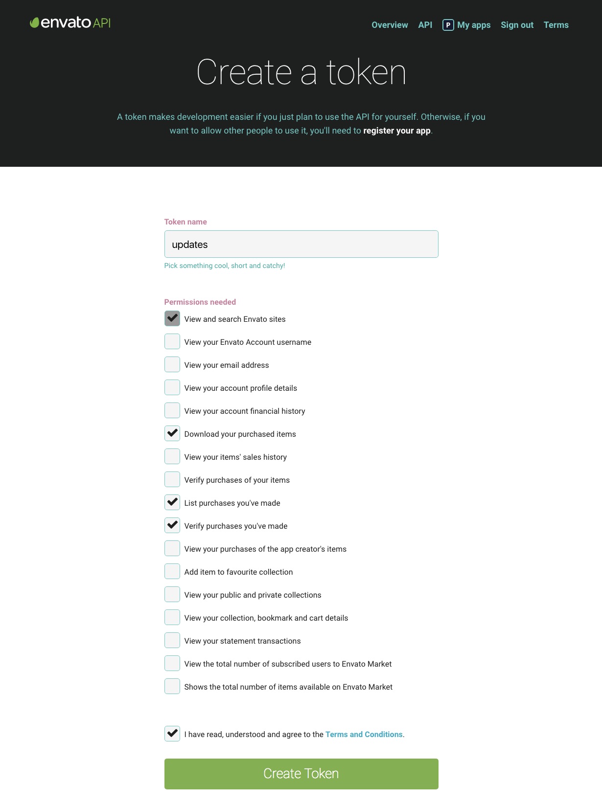 Générer un jeton d'API Envato