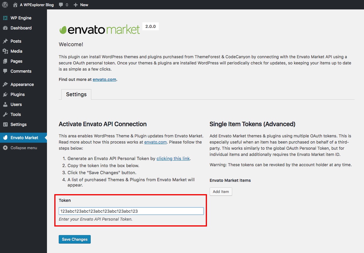 Collez votre jeton d'API Envato