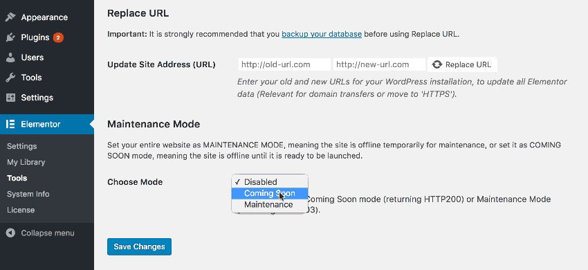 Elementor Prochainement Options