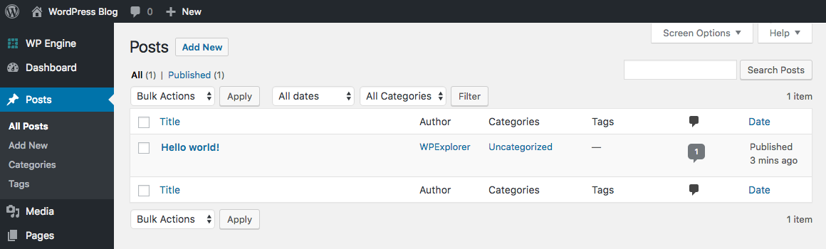 Résultat de la réinitialisation de la base de données WordPress