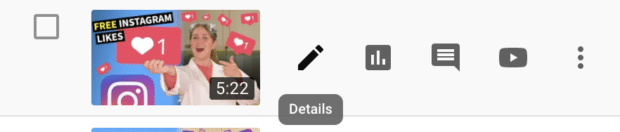 Sélection de la vidéo à éditer dans YouTube Creator Studio