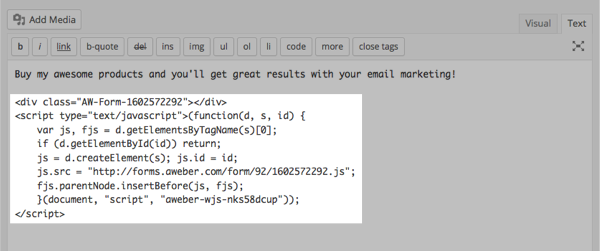 Insérez le javascript AWeber dans la page